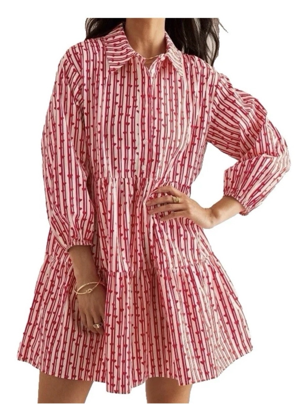 Anthropologie Maeve The Bettina Tiered Mini Dress Women's XSP Red Striped heart